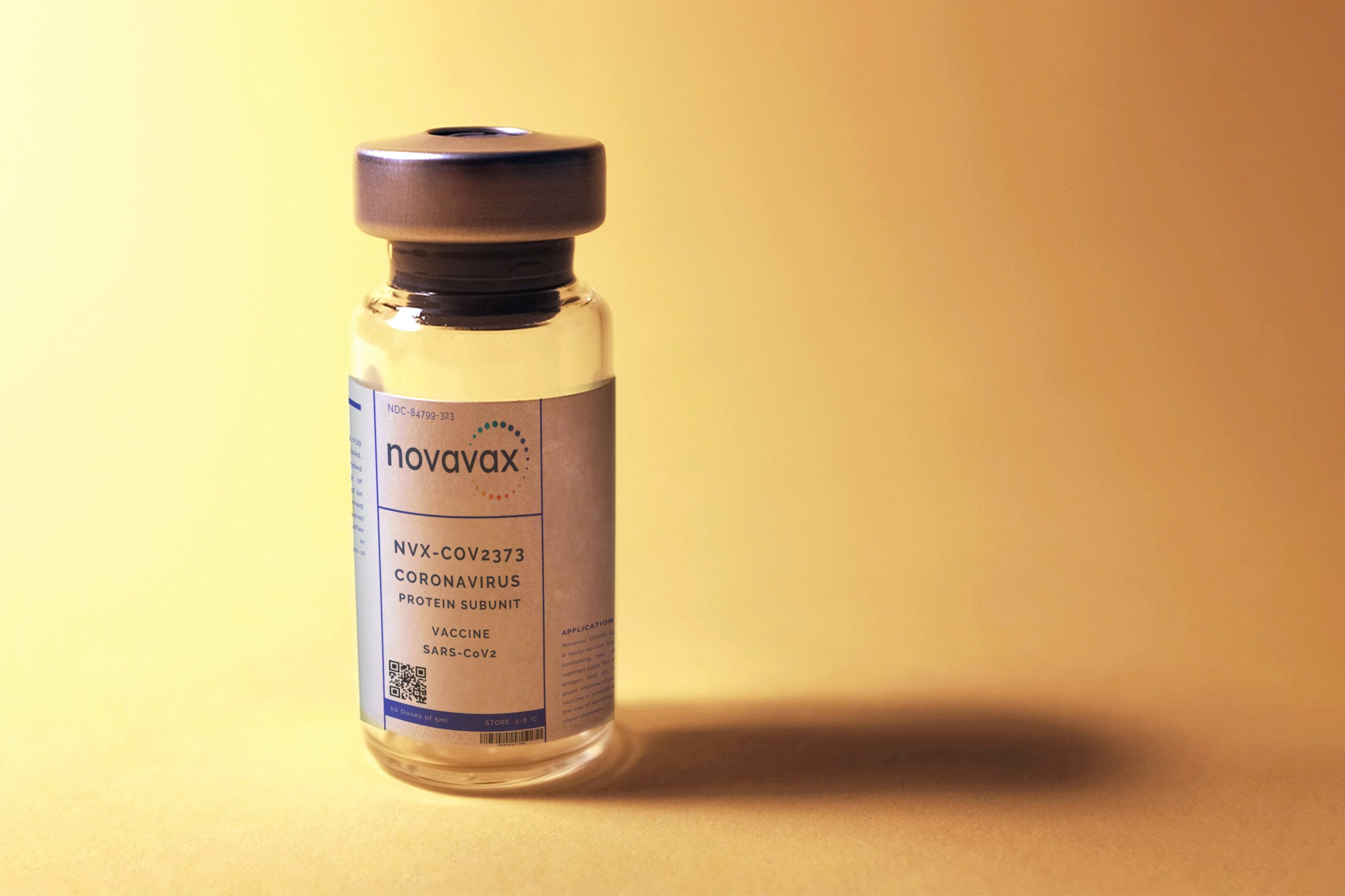 Close Up of the new promissing and protein base vaccine by Novavax (Label and Design are my Mockup) - The European Union has approved the use of Novavax’s COVID-19 vaccine in people 18 years and older, giving a boost to the US biotech after long delays and paving the way for a fifth shot in the EU as the Omicron variant spreads quickly.