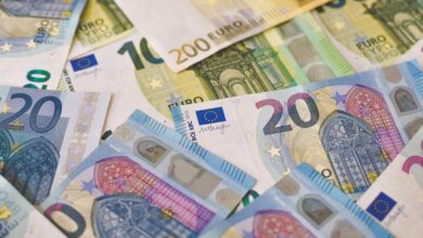 20 euro bill on white and blue textile