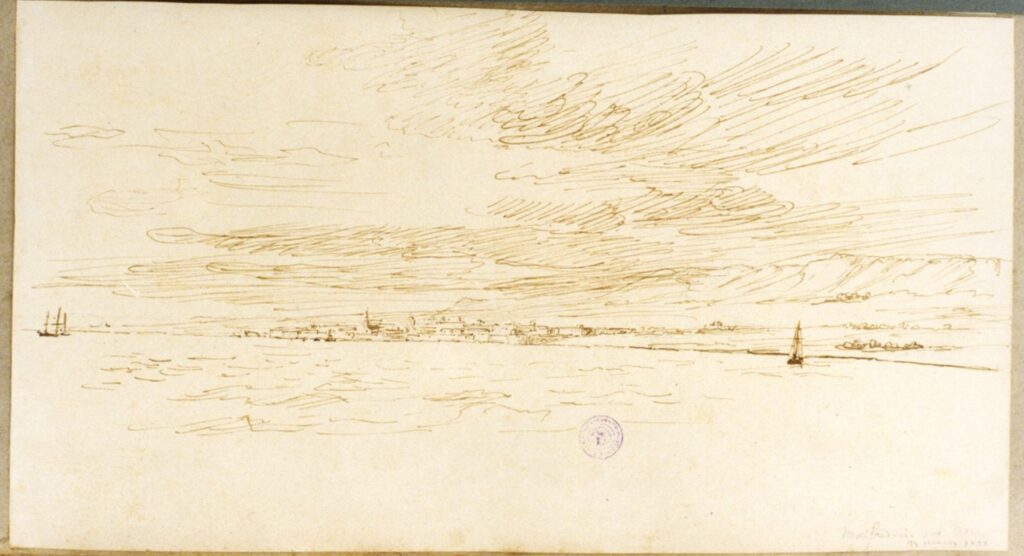 Frans Vervloet (1938). Disegno raffigurante Manfredonia dal mare. Fonte: sito web del “Catalogo generale die Beni Culturali”
