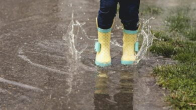 person wearing yellow rain boots