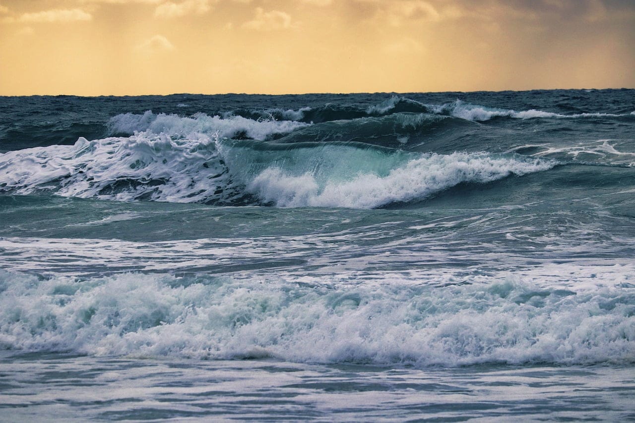 sea, waves, sunset