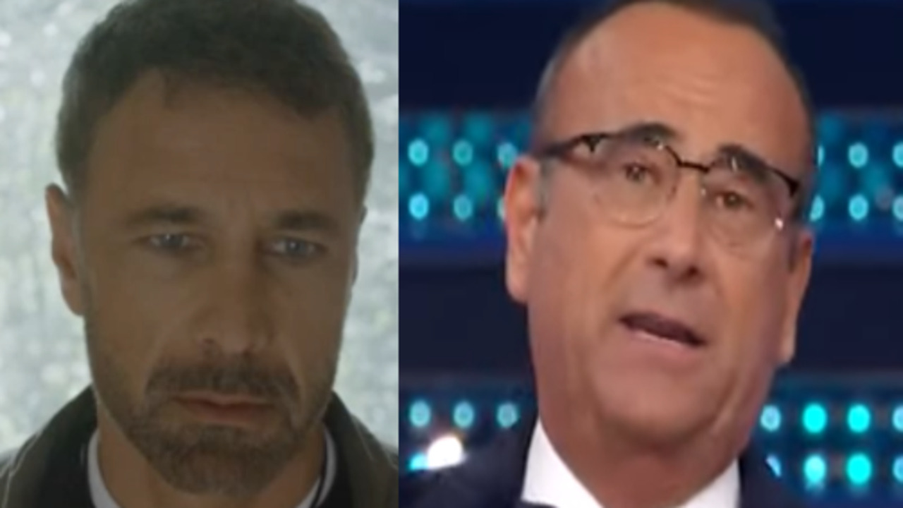 Raoul Bova in Don Matteo e Carlo Conti a Sanremo (Collage screen Rai Play)