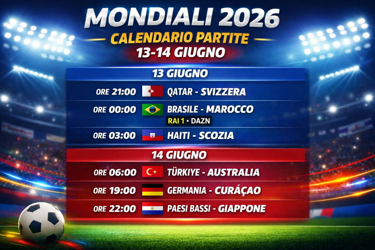 Mondiali 2026, partite del 13 e 14 giugno orari e dove vederle in tv e streaming