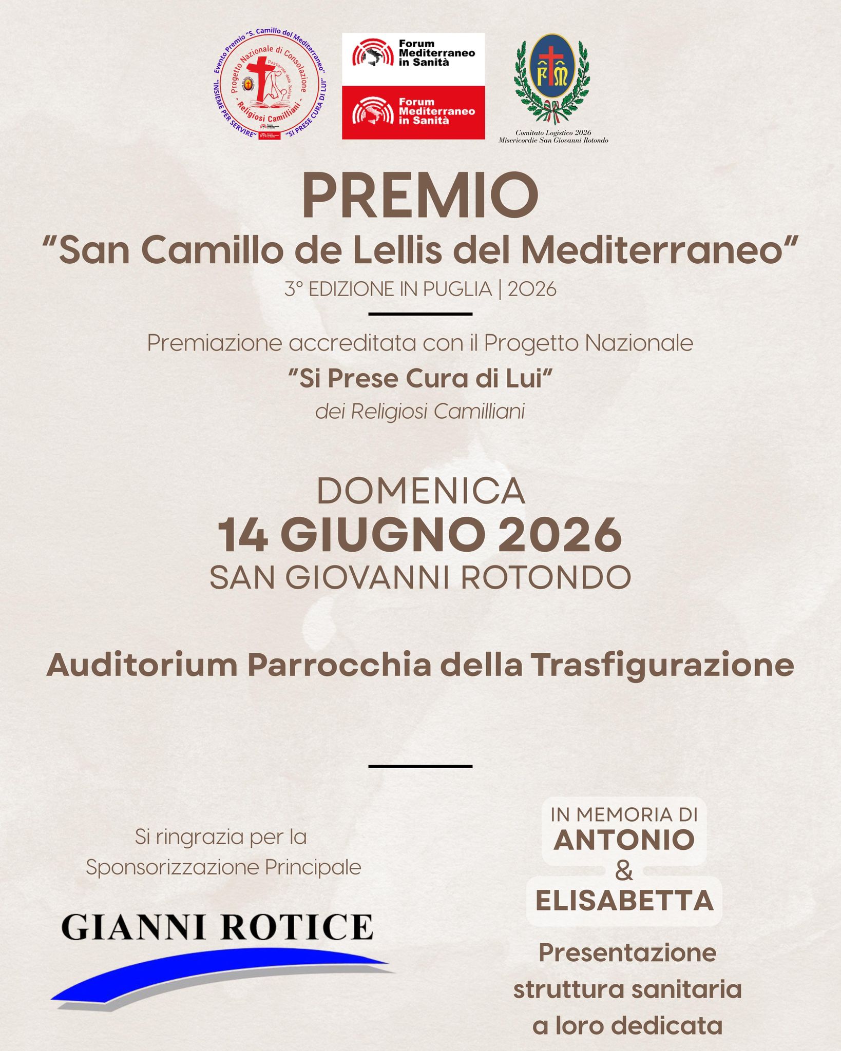 domenica la terza edizione del premio san camillo de lellis del mediterraneo e presentazione della nuova struttura sanitaria di manfredonia dedicata alla memoria di antonio ed elisabetta rotice da Ilsipontino.net domenica la terza edizione del premio san camillo de lellis del mediterraneo e presentazione della nuova struttura sanitaria di manfredonia dedicata alla memoria di antonio ed elisabetta rotice